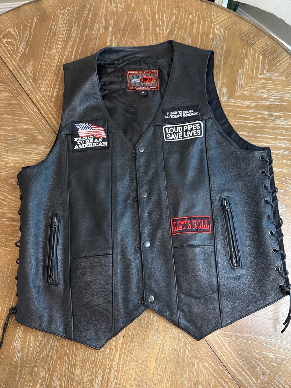 FMC First Classics Black Leather Biker Vest Lined Patches HOG American Loud Pipe